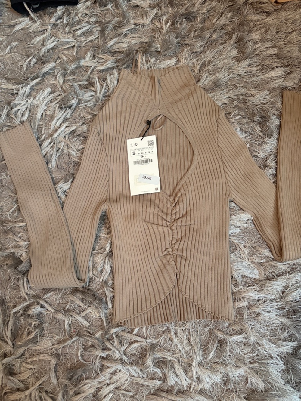 Zara Taupe Ribbed Mock Neck Cutout Ruched Front Top - Picture 2 of 4